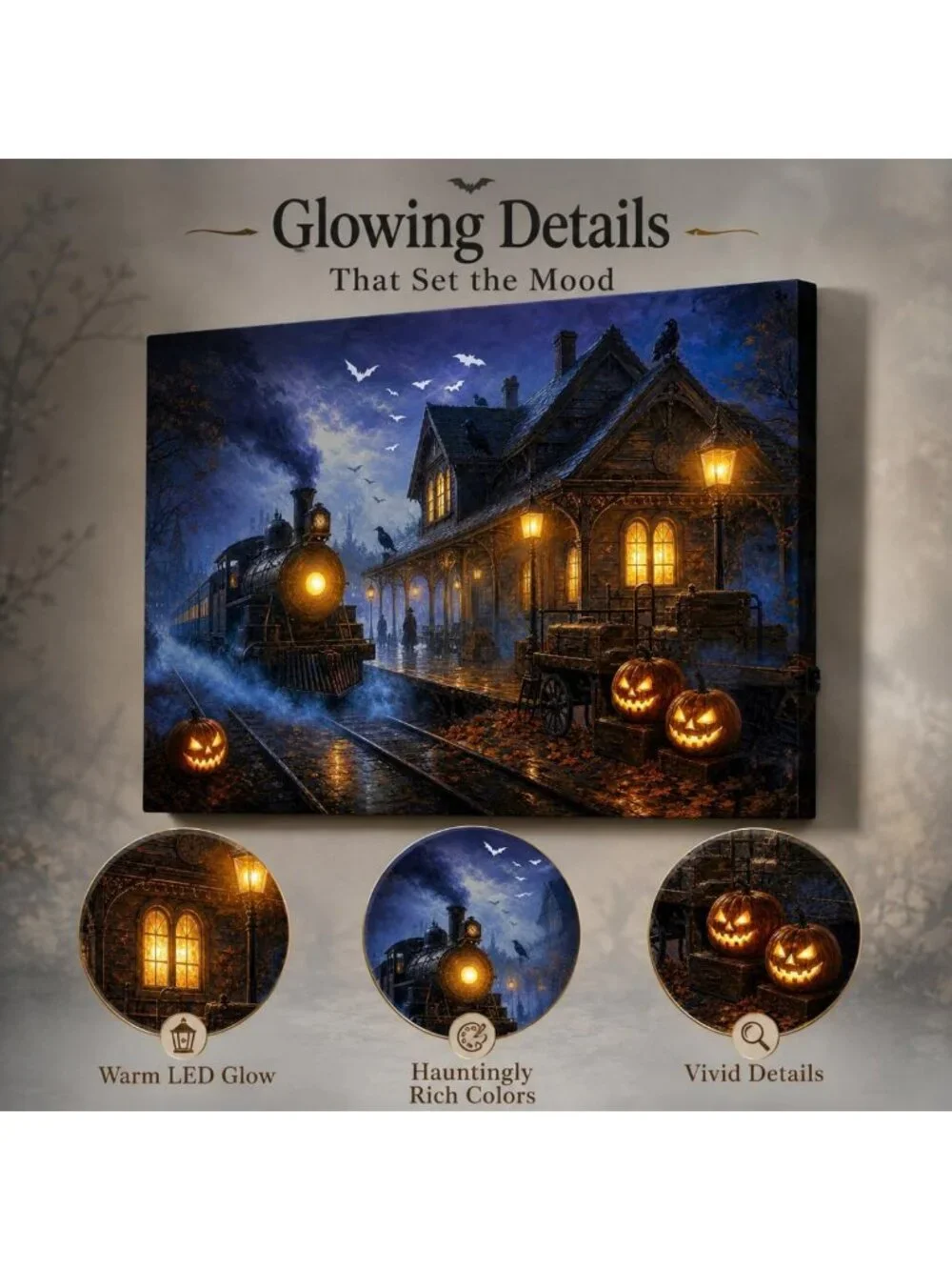 Haunted Train Station LED Canvas Wall Art - Spooky Halloween Decor, 24x18 in
